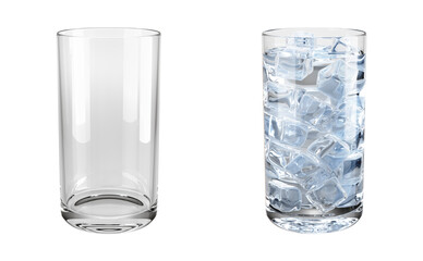 Realistic glass set of transparent empty glass and glass with water and ice cubes. 3d illustration isolated on white