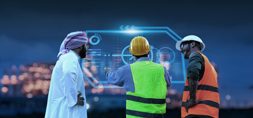 Team of Engineers and contractors planning analyzing strategy teamwork technology, technician factory industry worker, blue banner background, ui graphics display interface futuristic tech.