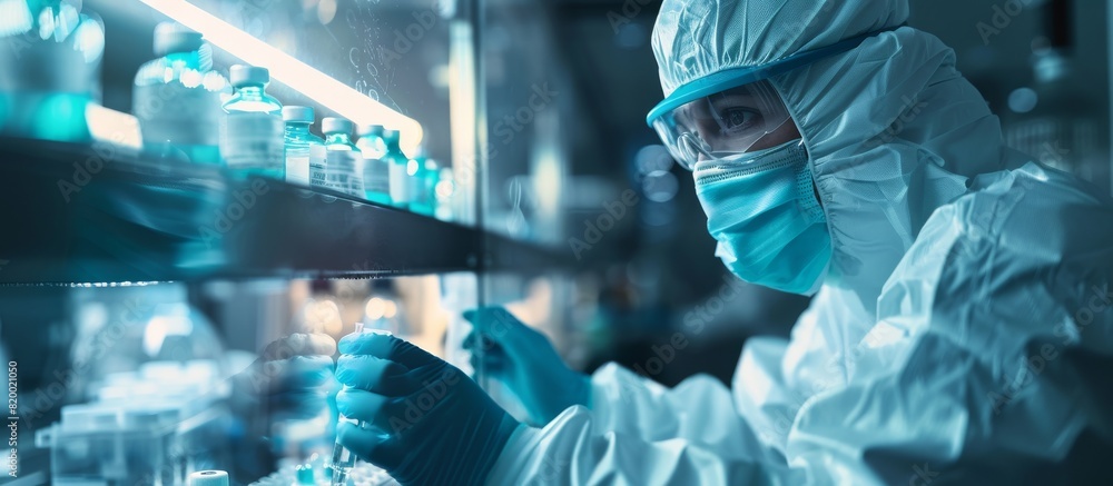 Poster in a laboratory, a scientist is conducting precise research with safety in mind, wearing protective 