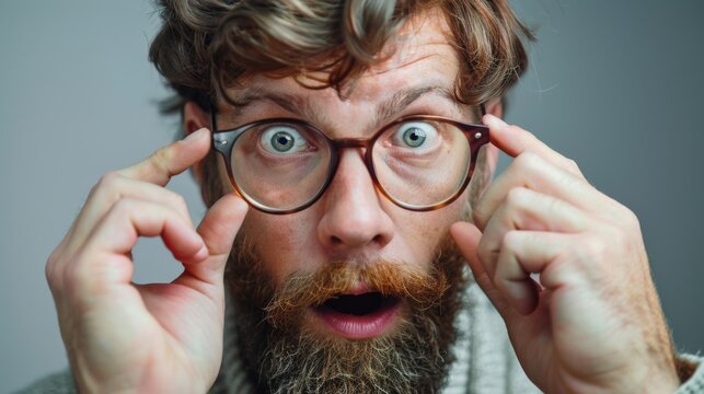 Man Holding Glasses in Surprise