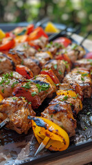 delicious pieces of kebab with onions and vegetables on skewers