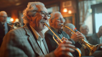 Obraz premium Senior Jazz Musicians Enjoying a Soulful Trumpet Session in a Cozy Club