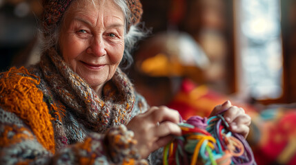 Elderly Woman Enjoying Handcrafting with Colorful Yarn in Cozy Room