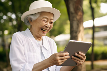 Tech-savvy old Asian lady having fun with a tablet in the park. The elderly woman smiles and laughs while watching something, all dressed in white, looking modern and dynamic.