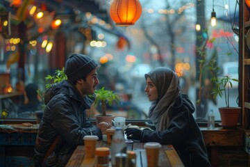 A couple at a restaurant table, sharing a conversation in the city at night