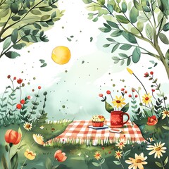 A beautiful watercolor painting of a picnic in the woods