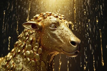 Ram statue head made of coins, golden fleece dazzling gold rain symbolizing wealth and power