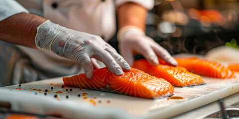 Obraz premium A chef is preparing a dish with salmon on a cutting board