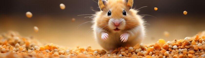 A cute hamster with big eyes is surrounded by scattered food pellets, showcasing an adorable and lively moment.
