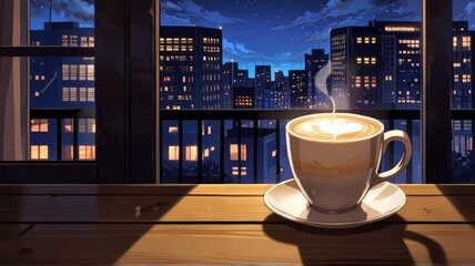 Coffee cup on table, night cityscape window scene, cozy, Anime style illustration, anime background, manga, vibrant, cartoon vector art