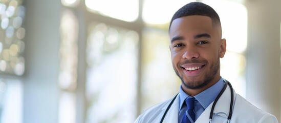 Obraz premium In a hospital, a confident young doctor provides professional healthcare, welcoming patients with a smile. Skilled in medical treatment and consultation, offering expertise in patient care