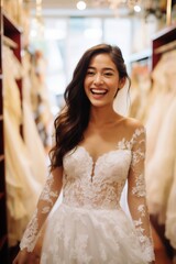 Naklejka premium A smiling woman stands in a wedding dress, showcasing delicate lace details in a well-lit bridal shop.