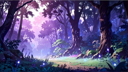 Glowing purple forest, trees, nature, particles, Anime style illustration, anime background, manga, vibrant, cartoon vector art