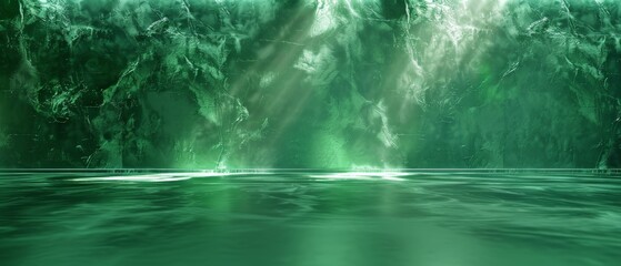 Mystical green underwater scene with sunlight rays penetrating through the water surface, creating an ethereal and tranquil atmosphere.