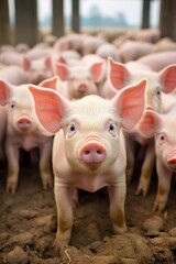 A group of cute piglets stand close together on muddy ground, with one piglet in focus looking directly at the camera.