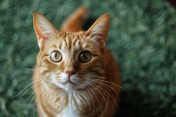 Depicting a  orange and white cat looking at the camera on green carpet