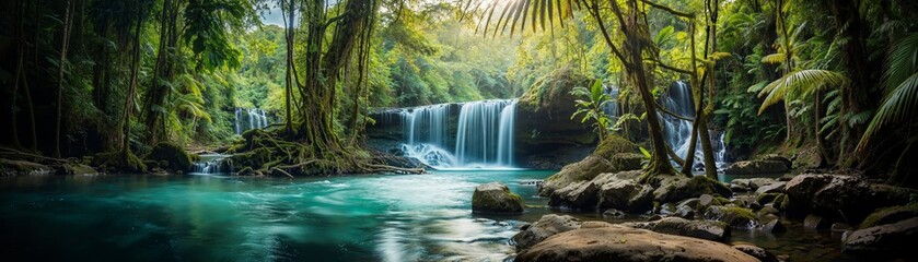 Obraz premium A serene waterfall cascades into a clear blue pool surrounded by lush green foliage in a tropical forest.