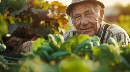 Elderly Farmer Smiling Proudly in Golden Hour at Lush Farm