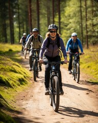 Naklejka premium A group of cyclists rides through a forest trail on a sunny day, enjoying an outdoor adventure together. The path is surrounded by lush greenery and trees.