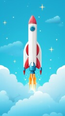 A colorful rocket launching into a clear blue sky with white clouds and stars around, symbolizing exploration and adventure.