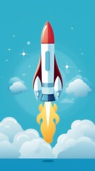 Illustrated rocket launching into the sky with clouds and stars in the background.