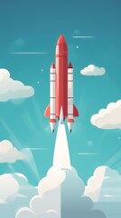 Illustration of a red rocket launching into a blue sky with white clouds, symbolizing space exploration and innovation.