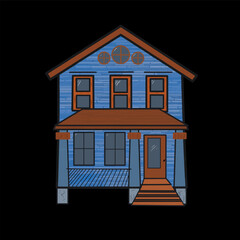 Illustration of a blue brick house