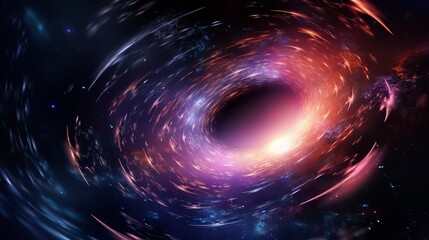 Obraz premium A mesmerizing cosmic black hole, swirling with radiant colors and particles, set against a starry backdrop.
