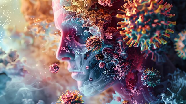 Craft a striking image of a disease spreading in a human body, captured from an eye-level angle Showcase intricate details of cells mutating in vivid, contrasting colors