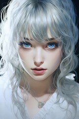 Fototapeta premium A close-up digital painting of a young woman with silver hair and blue eyes, wearing a white garment. Her expression is calm and focused, with intricate details in her hair and facial features.