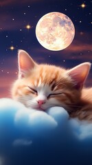 A serene scene of a sleeping kitten on a fluffy cloud, under a starry night sky with a glowing full moon.