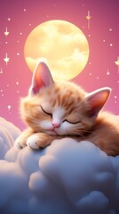A cute orange kitten peacefully sleeps on fluffy clouds under a dreamy moonlit sky with stars.