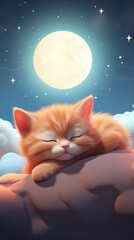 An adorable orange kitten sleeps peacefully on a cloud under a full moon and starry night sky.