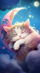 A fluffy kitten sleeps peacefully on a crescent moon surrounded by stars and clouds in a dreamy night sky.