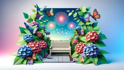 3D origami garden with hydrangea flowers butterflies and fireworks