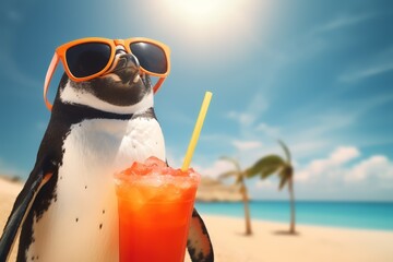 A penguin wearing orange sunglasses enjoys a tropical drink on a sunny beach with blue skies and palm trees in the background.