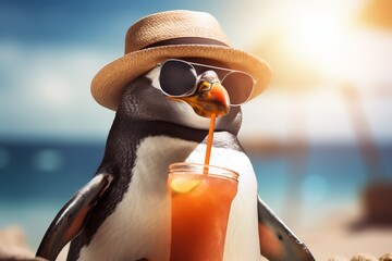 A cool penguin wears a hat and sunglasses, sipping a refreshing drink on a sunny beach.