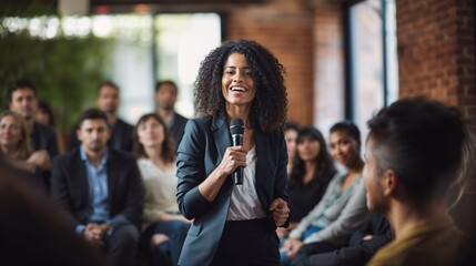 A woman in a business suit speaks confidently into a microphone in front of an engaged audience during a seminar or workshop.