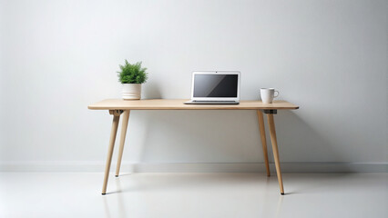 A sleek, minimalist desk with a white background, perfect for product presentations or corporate branding