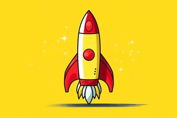 A colorful cartoon rocket with red and yellow details, soaring against a bright yellow background with sparkling stars.