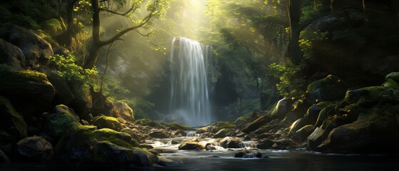A serene waterfall cascades into a tranquil pool, surrounded by lush green trees and rocks, bathed in soft sunlight filtering through the forest canopy.