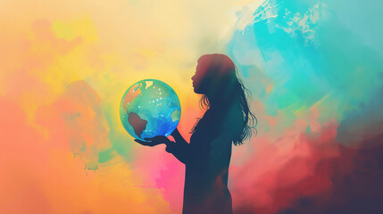 Woman holding the earth ,pastel coloured background, inclusion concept, illustration