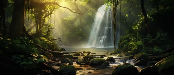 A serene jungle scene featuring a gentle waterfall cascading into a clear stream, surrounded by lush greenery and warm sunlight filtering through the trees.