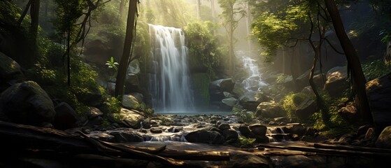 A serene forest waterfall cascading into a peaceful river, surrounded by lush greenery and sunlight filtering through the trees.