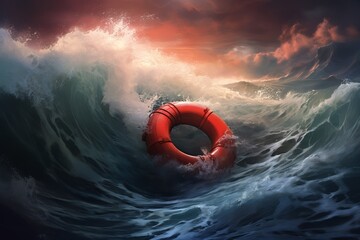 A lone red life buoy floats amidst turbulent ocean waves during sunset, with dramatic lighting highlighting the churning water and sky.