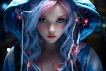 A young, animated woman with blue and pink hair wears a hooded jacket. Her large blue eyes and glowing lights in her hood create a futuristic feel.