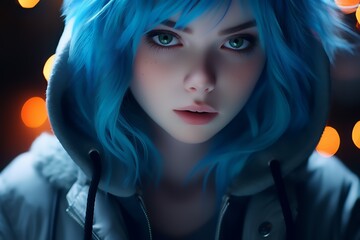 A young woman with bright blue hair and intense eyes stares into the camera, with a background filled with soft, out-of-focus lights.