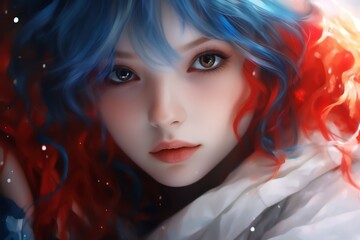A digital painting of a woman with vibrant blue and red hair, large expressive eyes, and pale skin, with a mysterious, ethereal ambiance.