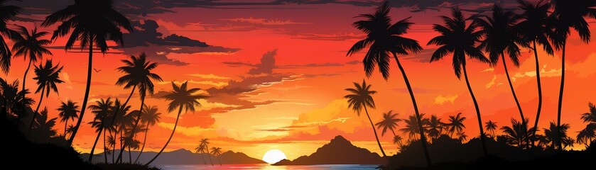 A vibrant sunset over a tropical island, with silhouettes of palm trees and mountains framing the scene against an orange and purple sky.