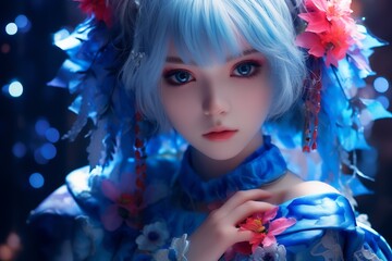 A person wearing an elaborate costume adorned with flowers, featuring a pastel blue wig and soft, ethereal lighting that creates a dreamlike atmosphere.